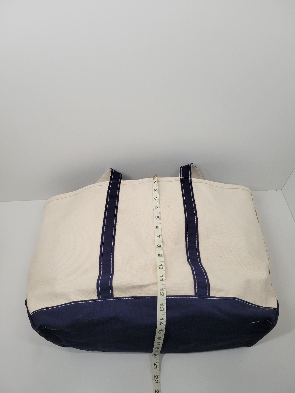 Vtg L.L. Bean Boat and Tote Lrg Beige Navy Blue Double Handles Canvas Tote Bag - Picture 6 of 6